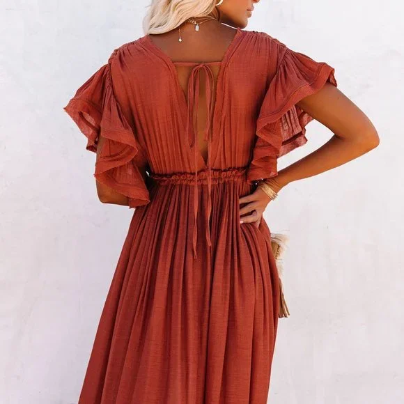 New Boho Red Gauze Maxi Summer Dress Cover-Up - Picture 4 of 10